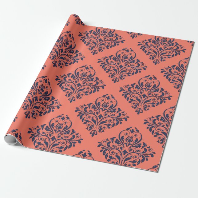 Papel De Presente Coral, Azul Marinho e Damask Vintage Prata (Desenrolado)
