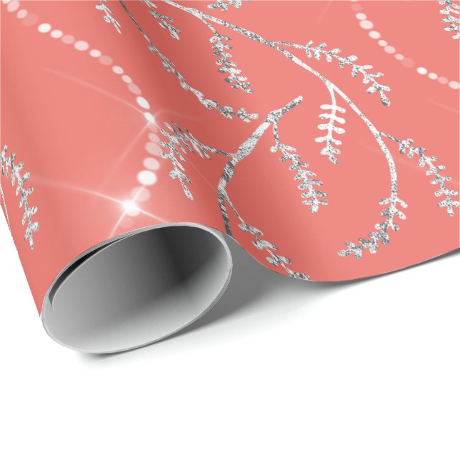 Papel De Presente Coral Candy Spark Laurel Floral Silver Diamantes (Ponta do rolo)