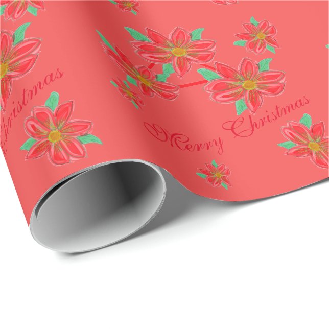 Papel De Presente Coral Rosa E Poinsetos Vermelhos (Ponta do rolo)