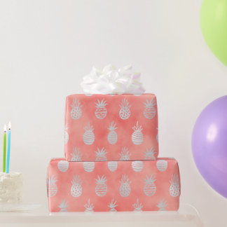 Papel De Presente Coral & Silver Abacaxi | Tropical Luxo de Verão