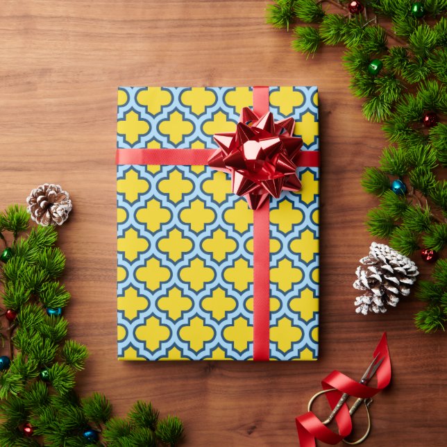Papel De Presente Corante amarelo e azul-bebê, latido, quatrefoil (Presente de Natal)