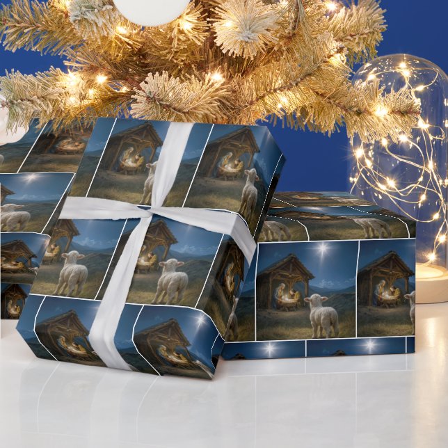 Papel De Presente Cordeiro de Natal Observando o Presépio (Feriados)
