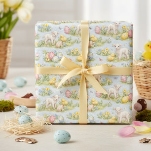 Papel De Presente Cordero de Páscoa e Pintura em Aquarela Floral de