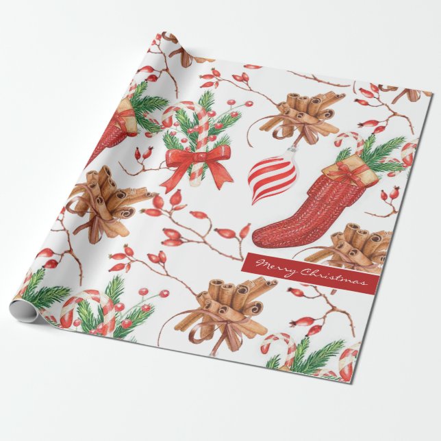 Papel De Presente Cores de Natal Canela e Padrão de menta-de-menta (Desenrolado)