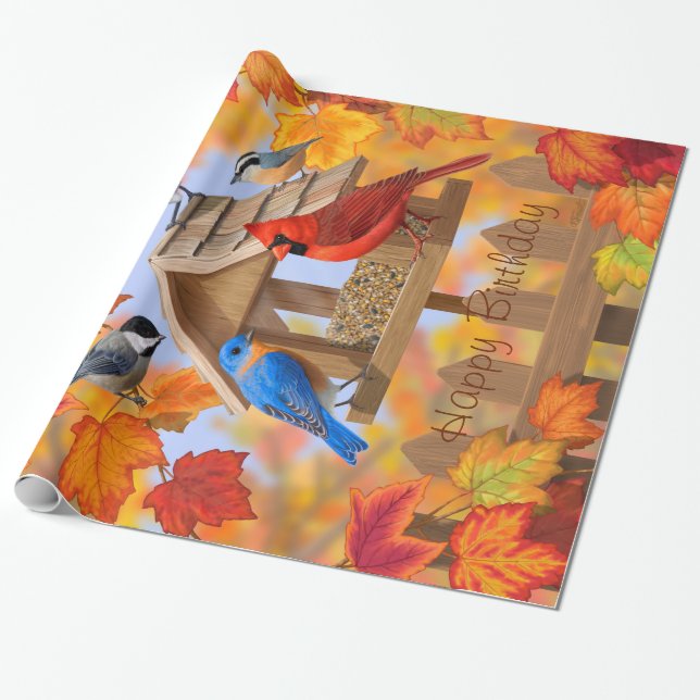 Papel De Presente Cores de outono de Aves e Alimentadores de Aves (Desenrolado)
