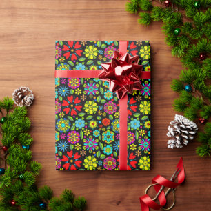 Papel De Presente Cores Neon em Padrão Floral Retro Preto Sem Costur