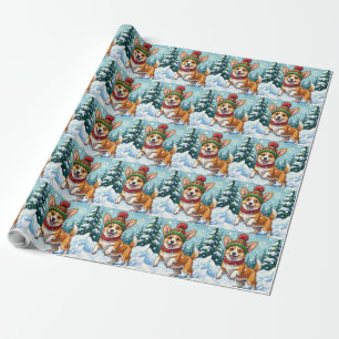 Papel De Presente Corgi Alegre Saltando na Neve com Pom Pom