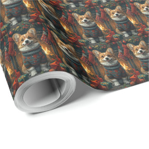Papel De Presente Corgi com Presentes de Natal na Lareira