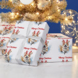 Papel De Presente Corgi com Reindeer Antlers Feliz Natal<br><div class="desc">Um corgi alegre com renas de Natal saltando no ar. Feliz Natal</div>