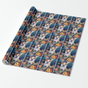 Papel De Presente Corgi de Halloween com Abóboras Assustador