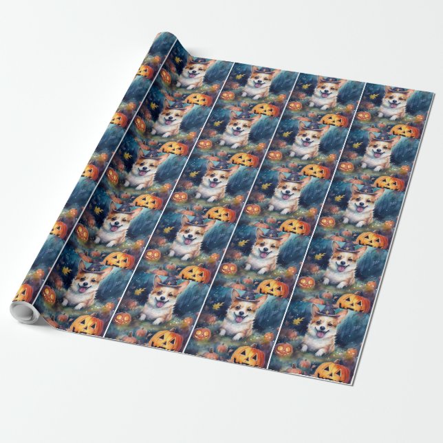 Papel De Presente Corgi de Halloween com Abóboras Assustador (Desenrolado)