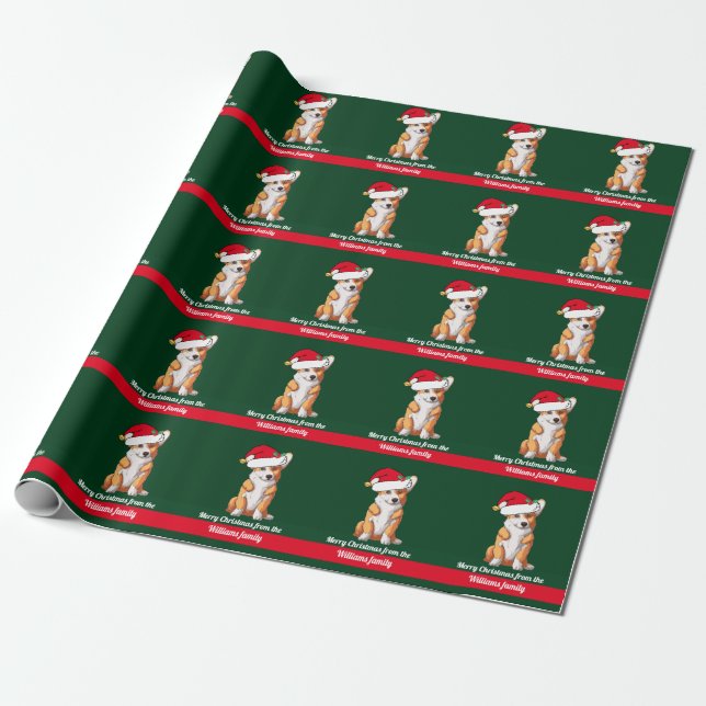 Papel De Presente Corgi de Natal em Santa Hat Verde Fofo (Desenrolado)
