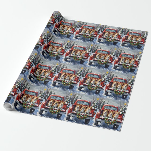 Papel De Presente Corgi Natal Caminhão Vermelho Férias (Desenrolado)