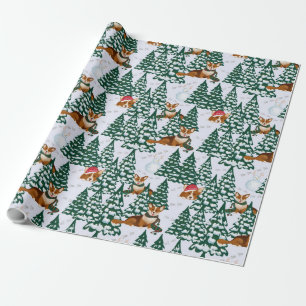Papel De Presente Corgis decoram a Árvore de Natal em Floresta Branc