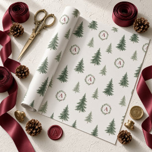 Papel De Presente Coroa de Monograma de Árvore de Natal em Aquarela