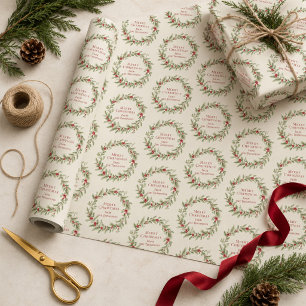 Papel De Presente Coroa de Natal Botânica Vermelha e Verde Personali