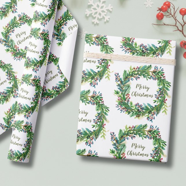 Papel De Presente Coroa de Natal Feliz (Christmas Holiday Wreath Wrapping Paper with Merry Christmas text. greenery botanical eucalyptus)