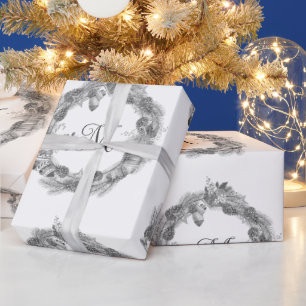 Papel De Presente Coroa de Natal Monocromático Preto Branco