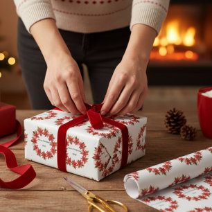 Papel De Presente Coroa de Poinsettia "Feliz Natal 2025"