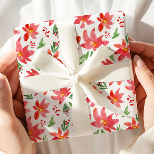 Papel De Presente Coroa Floral de Natal em Aquarela Vermelha