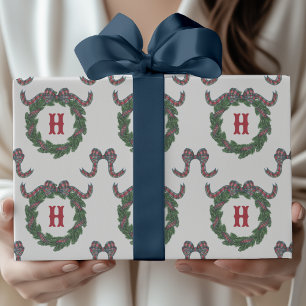 Papel De Presente Coroa Monograma com Laço Xadrez Tartan em Aquarela