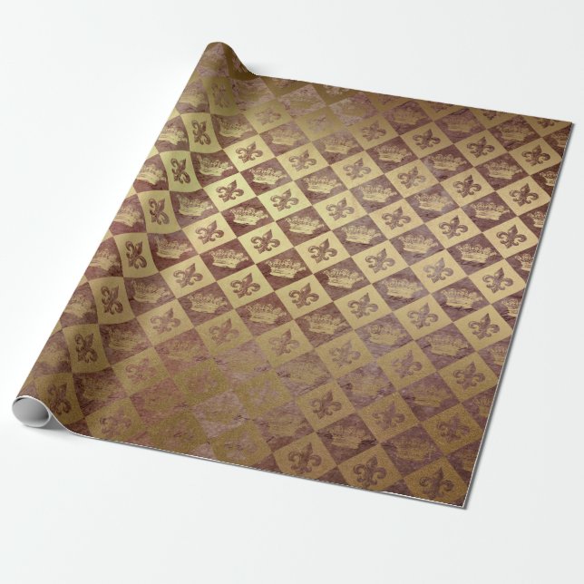 Papel De Presente Coroa ouro Real Burgunde Velvet Chessboard (Desenrolado)