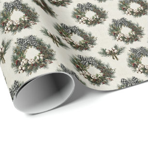 Papel De Presente Coroas de Natal de Pinheiro Rústico e Frutas