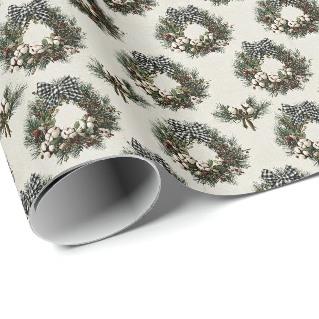 Papel De Presente Coroas de Natal de Pinheiro Rústico e Frutas (Ponta do rolo)