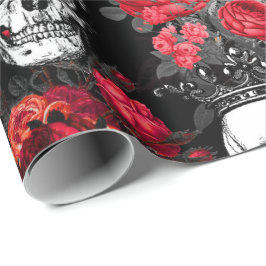 Papel De Presente Coroas dos crânios e rosas vermelhas desvanecidas