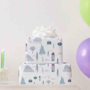 Papel De Presente Cortes de Árvores Bonitos Montanhas Padrão Moderno