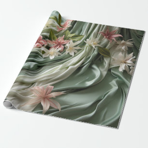 Papel De Presente Cortinas de seda verde, creme e flores cor-de-rosa