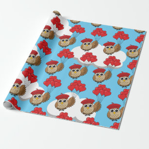 Papel De Presente Coruja-Bonita Voando com Balões de Coração