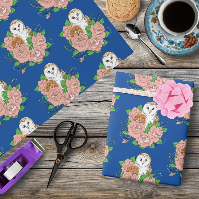 Papel De Presente Coruja-Celeiro Azul Flores Rosa (Criador carregado)