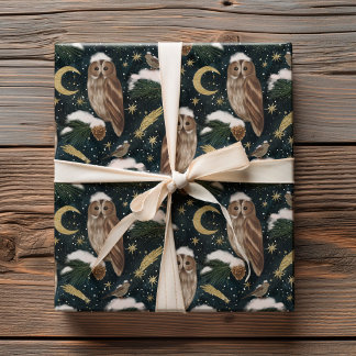 Papel De Presente Coruja Celestial de Natal Padrão de Noite de Inver