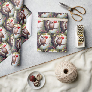 Papel De Presente Coruja com Balão de Coração Vermelho