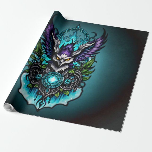 Papel De Presente Coruja com elementos mágicos. (Desenrolado)