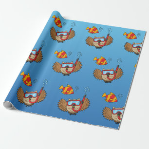 Papel De Presente Coruja com Máscara Snorkel e Peixes Tropicais