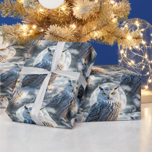 Papel De Presente Coruja da Neve ao Luz do Luar de Inverno