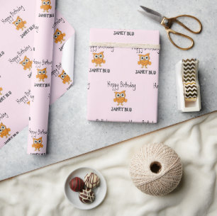 Papel De Presente Coruja laranja fofa feliz aniversário em rosa