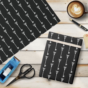 Papel De Presente Coruja Tribal Chave de Esqueleto Preto Branco Góti