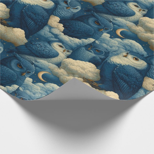 Papel De Presente Corujas Azuis e Nuvens da Noite Estrelada Berçário (Ponta)
