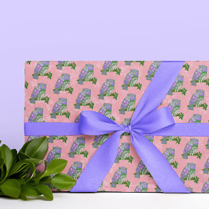 Papel De Presente Corujas de Arte Popular Roxas em Fundo Rosa