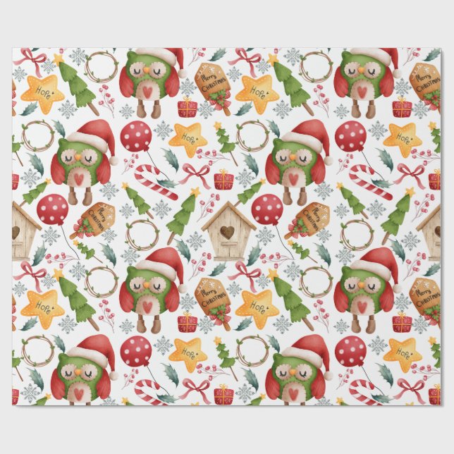 Papel De Presente Corujas de Natal em Aquarela Fofas (Aberto)