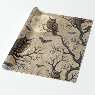 Papel De Presente Corujas e Lua de Halloween Vintage