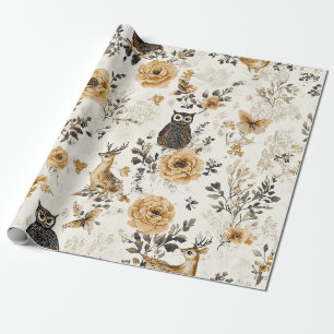 Papel De Presente Corujas Vintage & Padrão Botânico Floral (3)