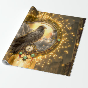 Papel De Presente Corvo Guardião do Tempo – Relógio Gótico