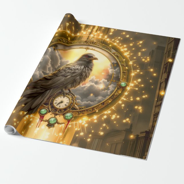 Papel De Presente Corvo Guardião do Tempo – Relógio Gótico (Desenrolado)