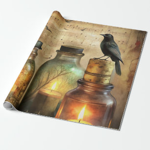 Papel De Presente Corvo Iluminado por Velas com Garrafas Antigas e P