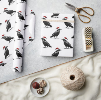 Papel De Presente Corvo preto com padrão de chapéu de natal vermelho