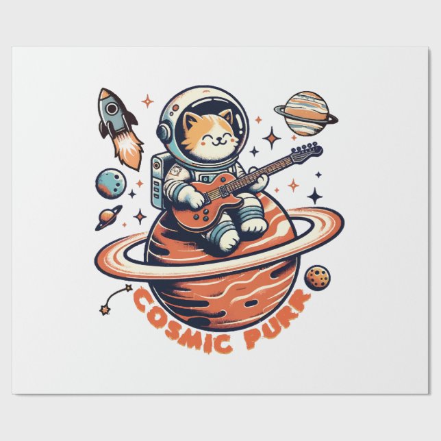 Papel De Presente Cosmic Purr - Gato Guitarrista Astro (Aberto)